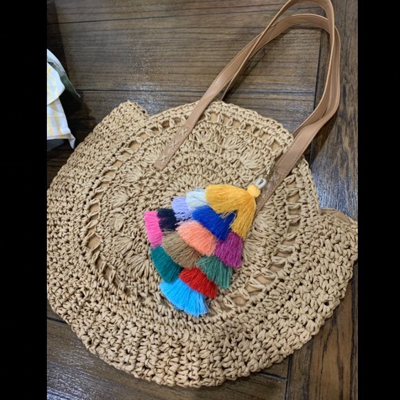 Summer Large Woven Bag Beach Straw Round Purse For Women Vacation Tote Handbags - Picture 3 of 4